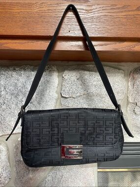 George Black Monogram Shoulder Bag with Metal Buckle
